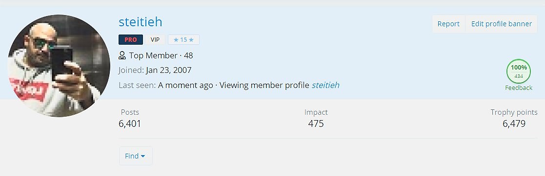 steitieh NamePros profile page showing PRO, VIP, and 15-star badges, Top Member rank 48, joined January 23 2007, 100 percent feedback across 434 reviews, 6,401 posts, 475 impact, and 6,479 trophy points
